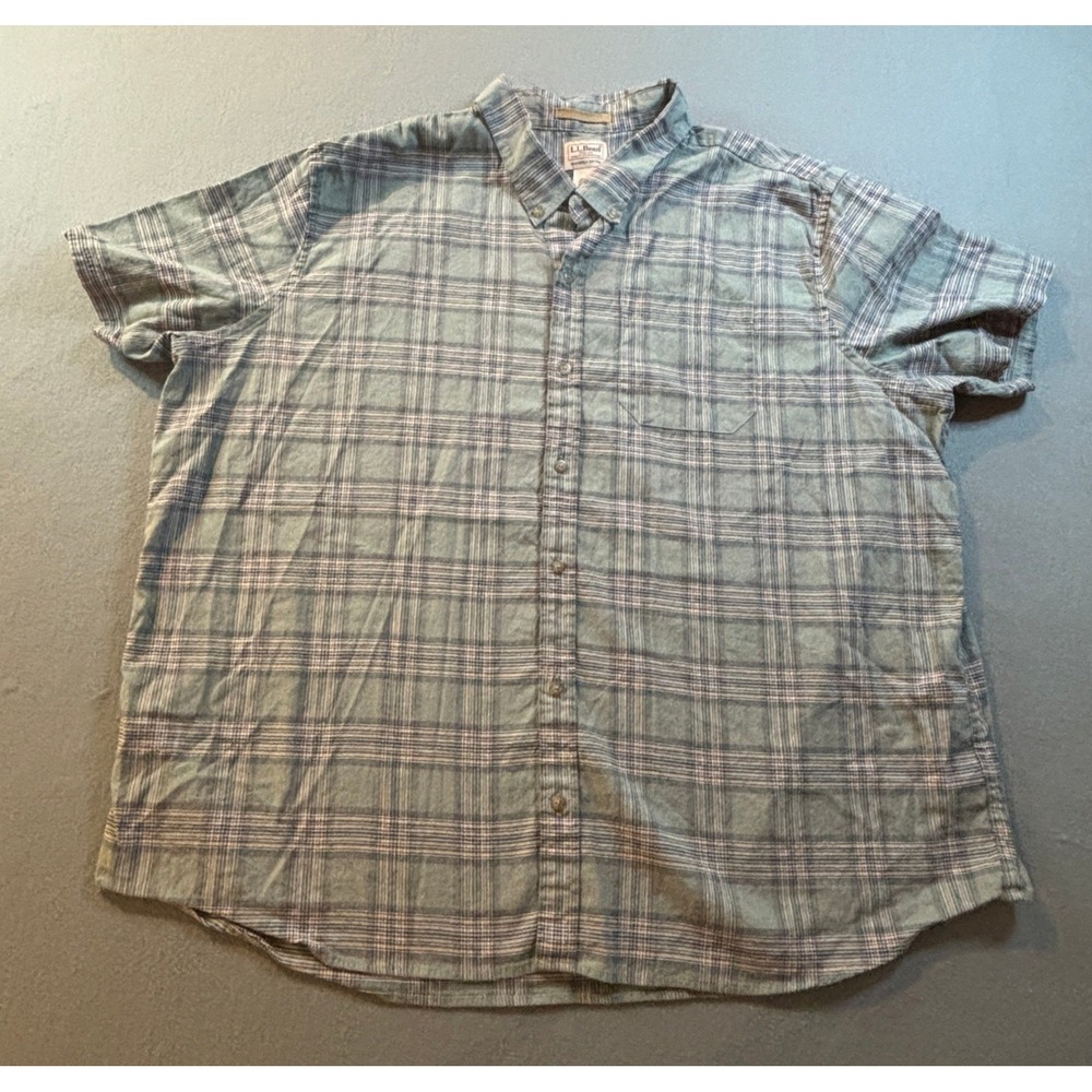 LL Bean Hemp Blend Plaid Button Down Shirt Mens XXXL Green Short Sleeve Casual